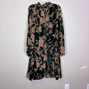 New Unique Vintage Green Velour with Pink Floral Long Sleeve Dress XL